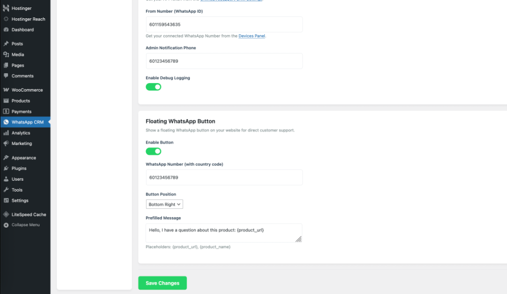 WordPress WhatsApp Floating Button Settings